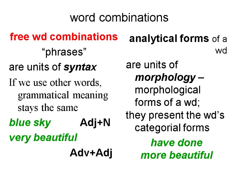 word combinations    free wd combinations “phrases” are units of syntax If